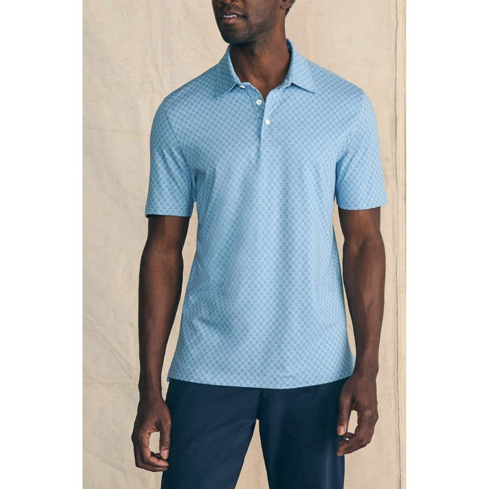 FAHERTY Movement Pique Polo Shirt in Blue Surfboard Geo 2XL Performance NWT $108